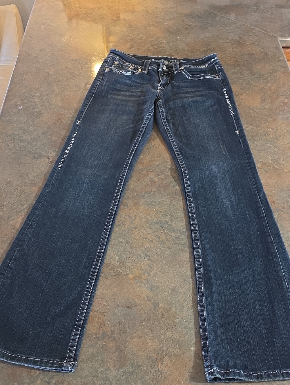Cowgirl Tuff Dark Blue Bootcut Jeans with Contrast Stitching Size 27x33